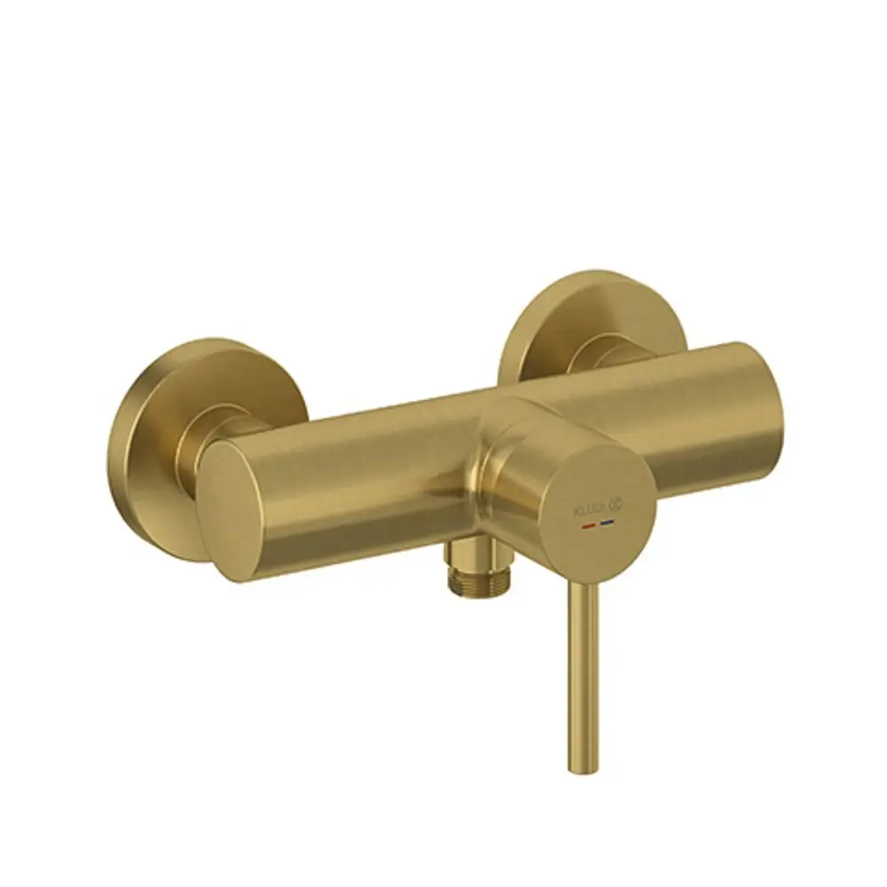 Brause-Einhandmischer in gebürstetem Gold von Kludi, mit zwei Wandbefestigungen und einem Steuerhebel zur Temperatur- und Durchflussregelung.